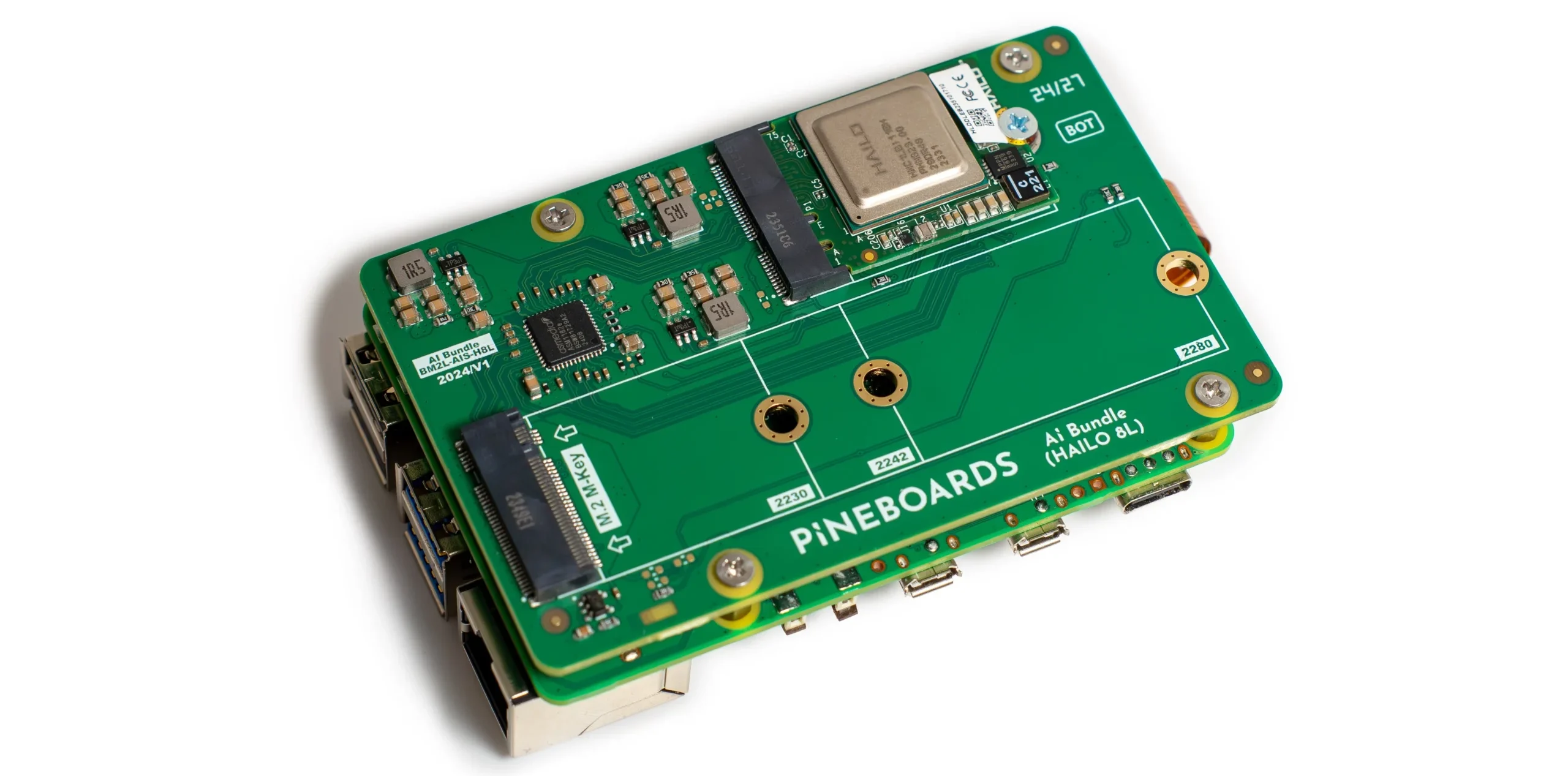 Pineboards AI Bundle HAT+ for Raspberry Pi supports both Hailo 8L AI Accelerator and NVMe SSD Pineboards AI Bundle HAT+ for Raspberry Pi supports both Hailo 8L AI Accelerator and NVMe SSD